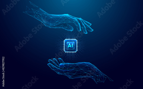 Abstract digital AI chip between human tech wireframe palms. Artificial intelligence technology background. Protection of semiconductor or microchip. Low poly wireframe vector illustration. Tech bg. (ID: 829827952)