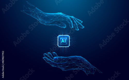 Abstract digital AI chip between human tech wireframe palms. Artificial intelligence technology background. Protection of semiconductor or microchip. Low poly wireframe vector illustration. Tech bg.