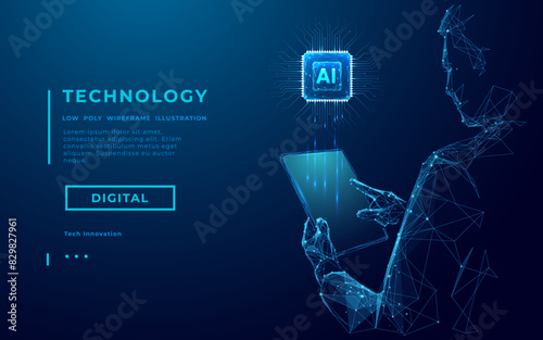 Abstract wireframe man holding tablet with AI chip hologram. Technology innovation background. Tech bg. Artificial intelligence concept. Scientist with AI processor. Vector low poly illustration. (ID: 829827961)