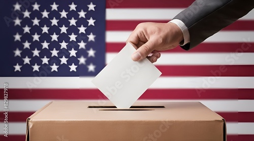 Voting for the america flag election, a hand putting a ballot paper into a ballot box on a america flag background with copy space - 1