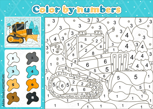 Car themed coloring page by number for kids with bulldozer clearing snow away, printable educational worksheet in cartoon style
