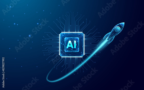 Digital abstract rocket and AI chip. Abstract technology light blue background. Artificial Intelligence growth up concept. Spaceship launch. Tech bg. Processor or semiconductor  3D vector illustration (ID: 829827992)