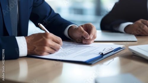 two business people signing a contract, colored in dark blue and white, on a clean white background Include a secondary element of a document folder The image should convey contract agreement, with sp