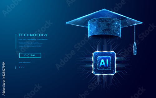 AI education or machine learning background. Abstract digital tech bg. AI chip and graduate hat in blue with light neon effects. Artificial Intelligence concept. Low poly wireframe vector illustration (ID: 829827999)