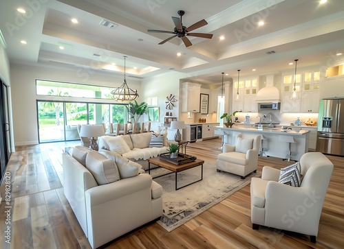 Beautiful modern home interior design of an open concept living room and kitchen with wood flooring, a ceiling fan, couches and a coffee table in the style of a new construction house in Florida