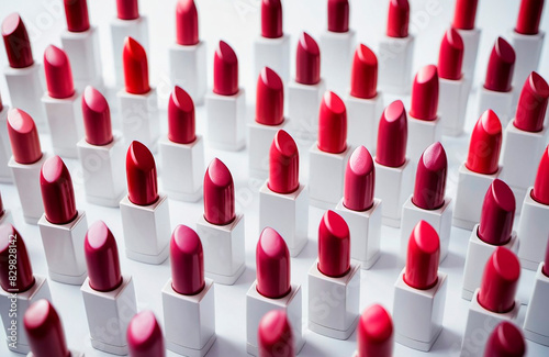 Collection of red lipsticks, all with their caps removed and arranged in precise rows on a pristine white surface. Lipsticks pattern.