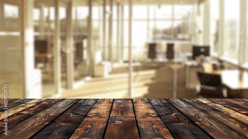 Empty wooden table top in front of a blurred background, showcasing a stylish office meeting area, ideal for business advertising presentations.