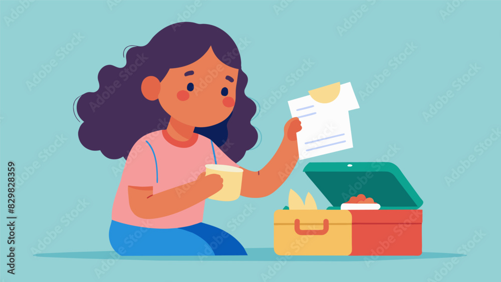 Opening her lunch box a young girl discovers a note from her parents reminding her to be brave and try new things.. Vector illustration Opening her lunch box a young girl discovers a note from her parents reminding her to be brave and try new things.. Vector illustration