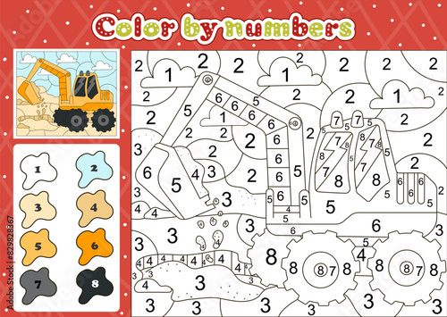 Car themed coloring page by number for kids with cute excavator, printable educational worksheet in cartoon style