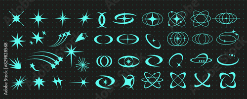 Cyber geometry y2k aesthetic star and planet set, retro abstract rave atom shape graphic, blue neon 90s sparkle element vector, vintage acid figure set, geometric trendy groovy symbol collection