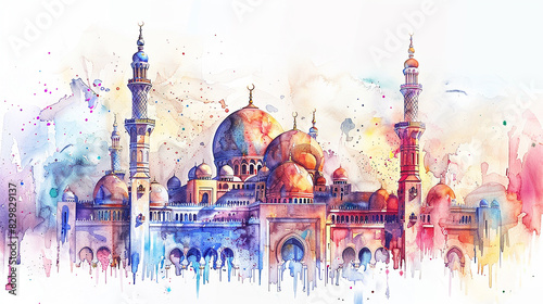 a watercolor of cute goat with mosque background template. Eid Al-Adha celebration