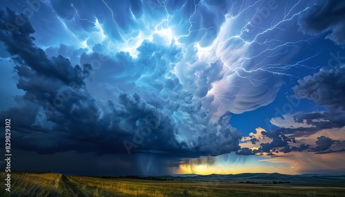 A powerful and destructive thunderstorm sweeps across the Great Plains, bringing with it torrential rains, damaging winds, and vivid bolts of lightning. © Pirasut