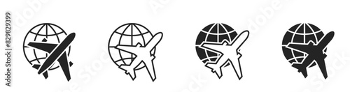 air travel icon set. plane and world. vacation, journey and aviation symbols. isolated vector images for tourism design
