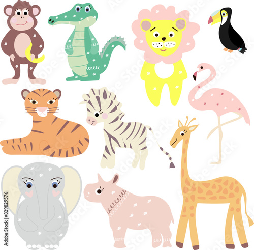 Animals cartoon illustrations in vector. African animals set. Baby animals vector set.