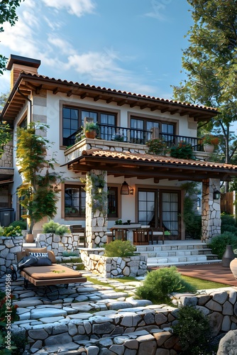 Modern Stone House with Patio and Balcony