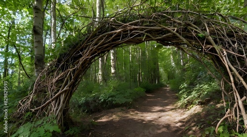 Natural archway shaped by branches in the forest 