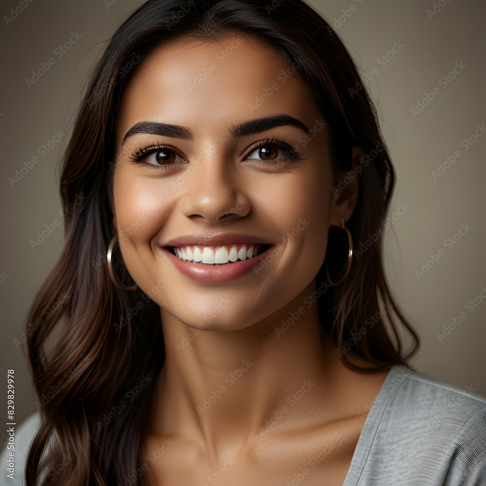 a Hispanic woman. Her dazzling white teeth shine through a radiant smile, set against a subtly blurred background a Hispanic woman. Her dazzling white teeth shine through a radiant smile, set against a subtly blurred background