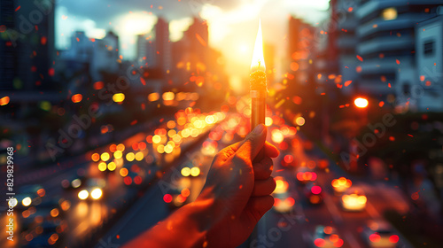 a hand holding a burning candle over the traffic of evening elegant on blurred background photo