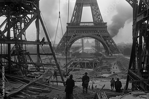 Monochrome shot of the Eiffel Tower construction, AI-generated.
