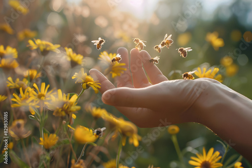 hand holding a flower with bees. concept biodiversity and pollination. generative ai photo