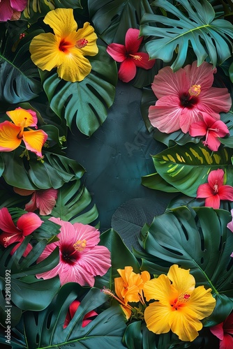A lush  tropical paradise. Pink  red  and yellow hibiscus flowers bloom among vibrant green leaves.