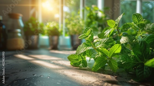 Fresh Mint Leaves Basking in Natural Light on a Sleek Kitchen Counter