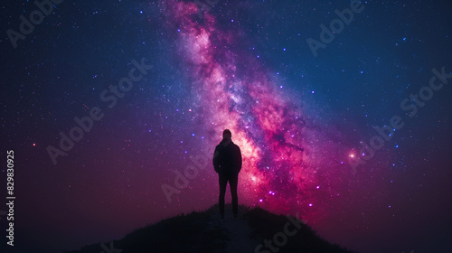 A silhouette of a man standing on a hill looking up at the colorful milky way on the sky