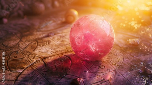 Fortune Teller's Stone, Ancient mystical sphere, pink color, with enigmatic symbols and magic symbols and zodiac symbol,