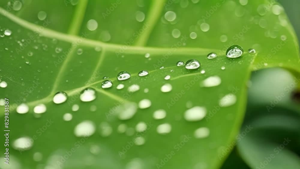 Large beautiful drops of transparent rain water on a green leaf macro. Drops of dew in the morning glow in the sun Large beautiful drops of transparent rain water on a green leaf macro. Drops of dew in the morning glow in the sun