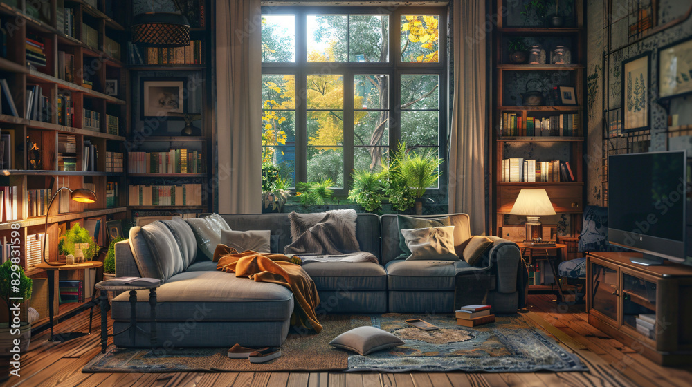 Interior of cozy living room with comfortable sofa