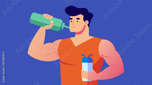 A man gulping down a protein shake between sets determined to build more muscle and bulk up.. Vector illustration