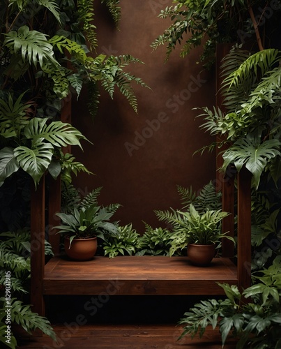 Nature-inspired display platform with lush leaves accentuating a rich brown background.