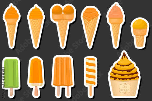 Illustration on theme big kit ice cream popsicle different types in cone waffle cup