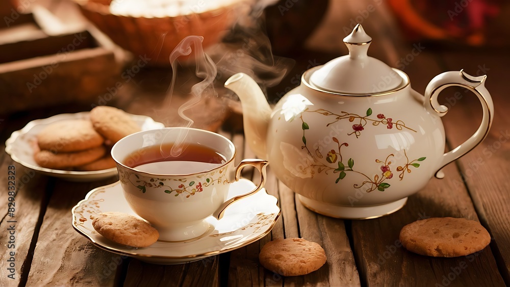 A warm and cozy scene of a wooden table adorned with a beautiful teapot, a steaming cup of tea, and a plate of delicious cookies. A warm and cozy scene of a wooden table adorned with a beautiful teapot, a steaming cup of tea, and a plate of delicious cookies.