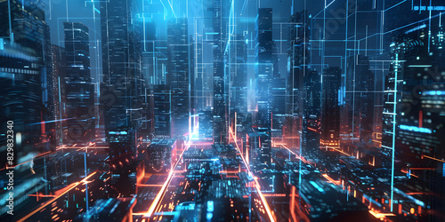 Futuristic smart city at night modern buildings with communication network abstract energy lines on cityscape background Concept of connect iot future digital technology industry