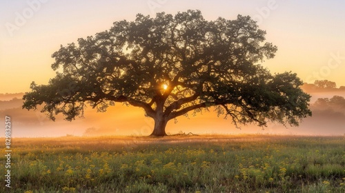 grand oak tree stands tall in a vast field, silhouetted against a stunning sunset in the background.