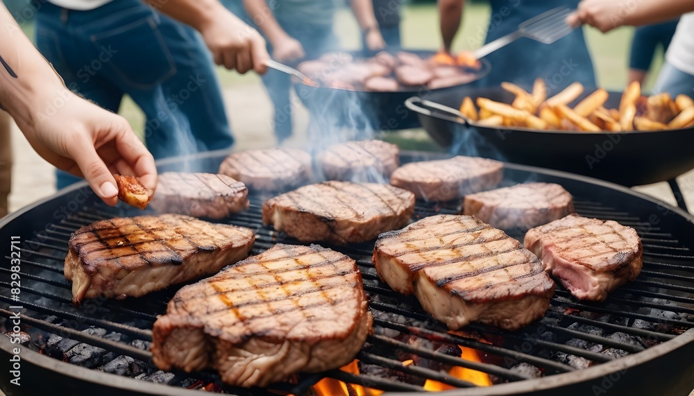 close-up of barbecued meat, friends having fun in the background
close-up of barbecued meat, friends having fun in the background
