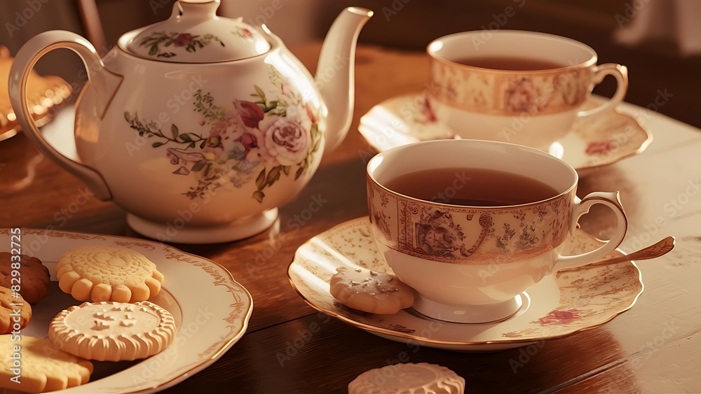 Fototapeta premium A warm and cozy scene of a wooden table adorned with a beautiful teapot, a steaming cup of tea, and a plate of delicious cookies.