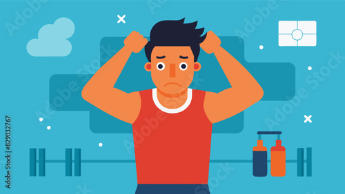 A man feeling frustrated and defeated after consistently working out and not seeing the immediate results promised by fitness ads.. Vector illustration