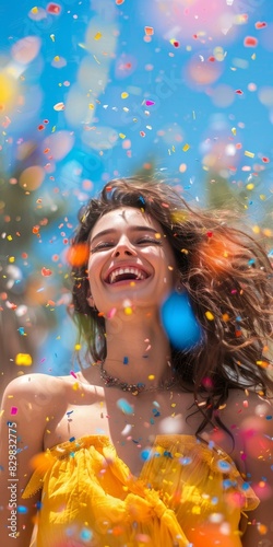 Laughing woman covered in colorful confetti