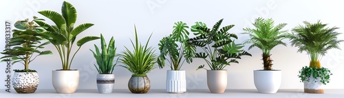 A variety of indoor plants in pots on a white background