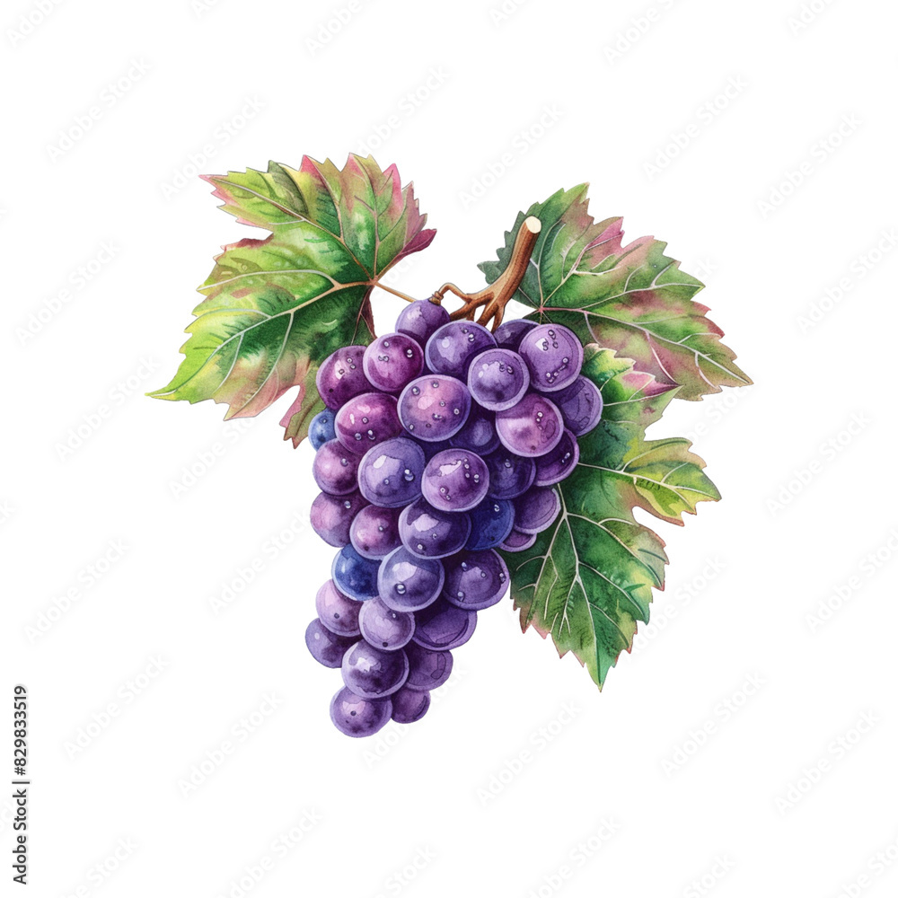 Fototapeta premium Purple grapes with green leaves on white background. Watercolor illustration. Ai generated.