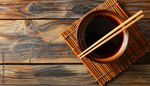 Bowl with soy sauce and chopsticks on wooden 