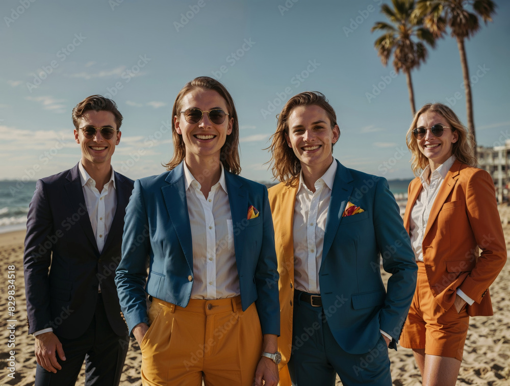 LGBTQ+ Young Professionals in Colorful Suits Enjoying Business Meeting at sunshine beach LGBTQ+ Young Professionals in Colorful Suits Enjoying Business Meeting at sunshine beach