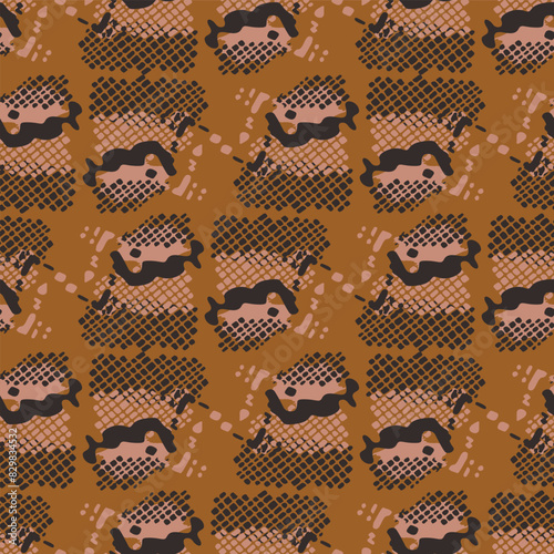 Tribal ethnic camouflage abstract pattern design in fall color trend. Seamless rustic surface texture with neutral tone handwork mark making shapes. 