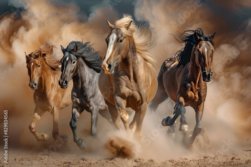 Group of galloping horses kicking up dust, AI-generated.