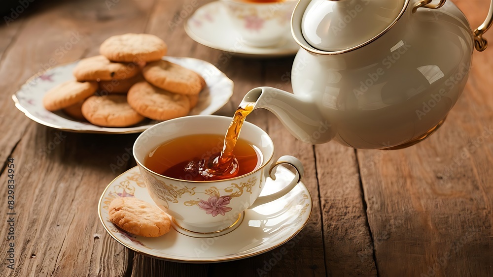 A warm and cozy scene of a wooden table adorned with a beautiful teapot, a steaming cup of tea, and a plate of delicious cookies. A warm and cozy scene of a wooden table adorned with a beautiful teapot, a steaming cup of tea, and a plate of delicious cookies.
