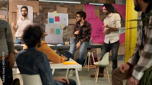Creative team brainstorms in a modern office with colorful ideas on boards. Young professionals collaborating and sharing innovative concepts.