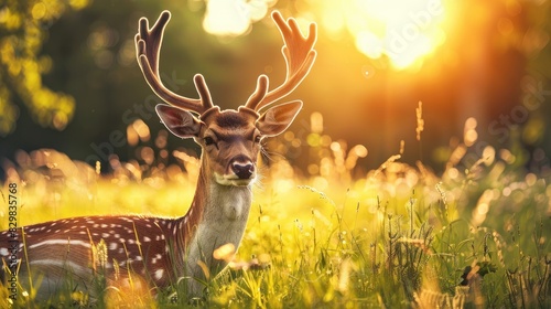 A male deer is in the setting sun with a mix of bright and dark spots on a grassy meadow photo