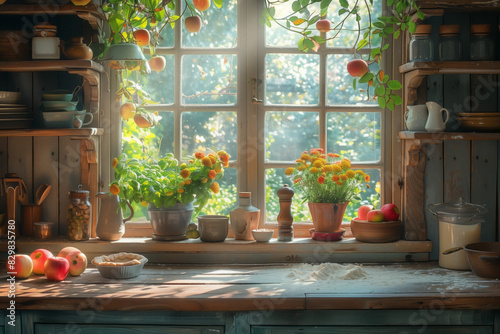 Sunlit Rustic Kitchen with Apples and Flowers. A sunlit rustic kitchen featuring fresh apples, potted plants, flowers, and baking ingredients on a wooden countertop.